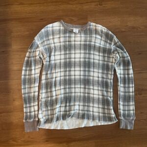Urban Outfitters Mens Plaid Waffle Knit Thermal Shirt Grey White Vintage Style M